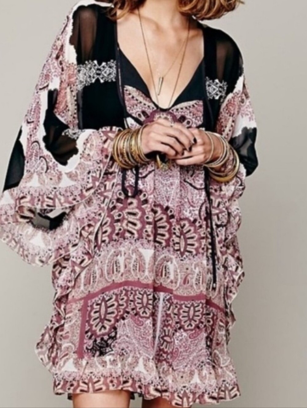 Free People Boho Sheer Tunic Or Dresd in Black and Brown Paisley